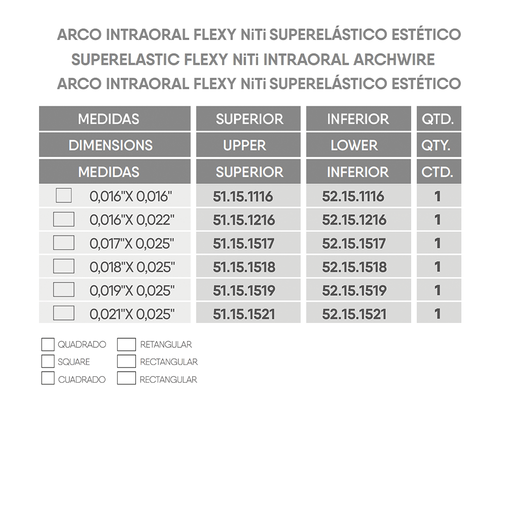 Arco Flexy NiTi Superelástico Estético Rhodium Quadrado/Retangular
