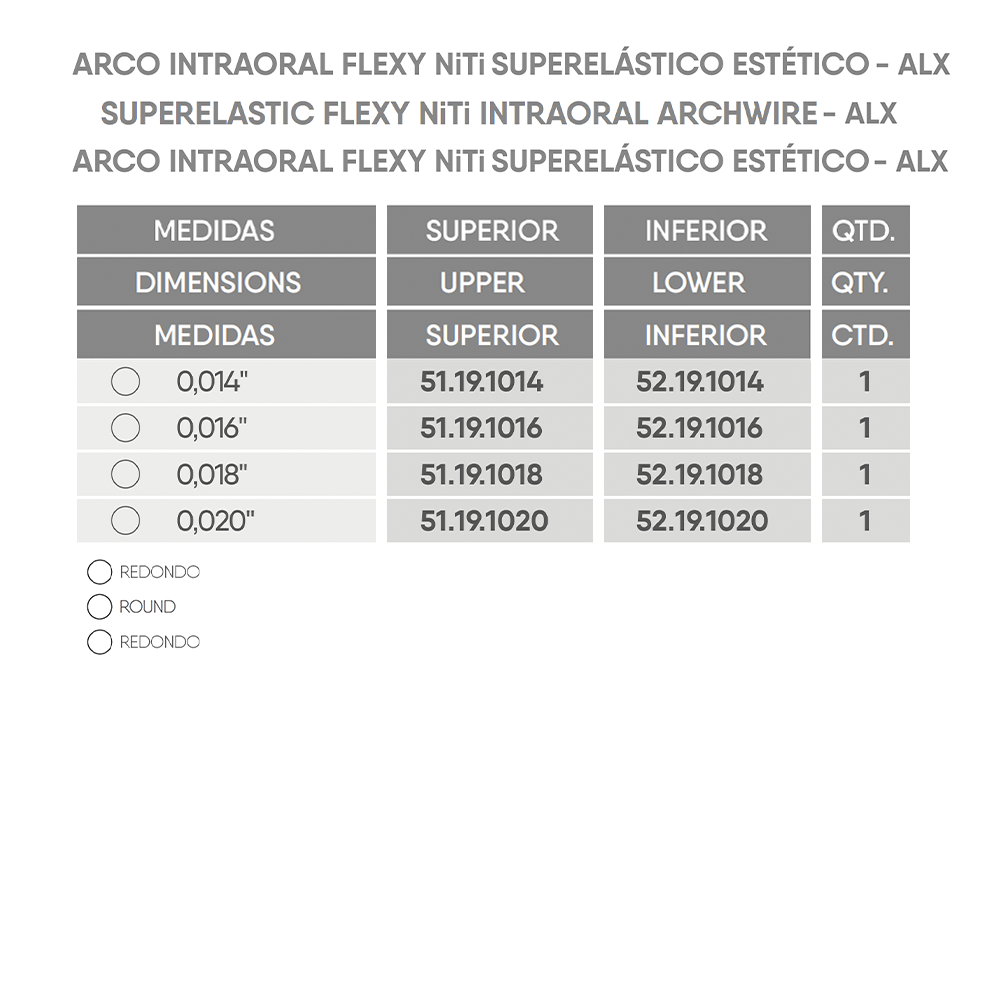 Arco Flexy NiTi Superelástico Estético Rhodium Redondo ALX