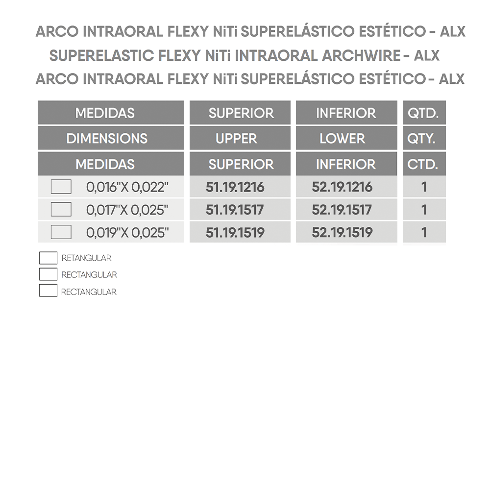 Arco Flexy NiTi Superelástico Estético Rhodium Retangular ALX